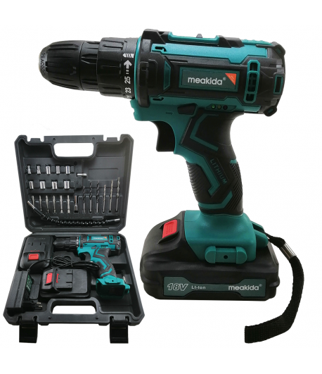 Meakida 18V Cordless Drill/Driver - With Case, Battery, Charger & Bits