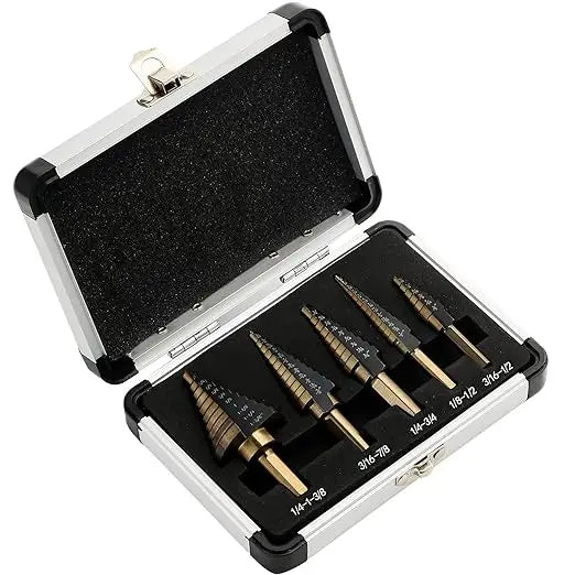 PEXMIENTAS 5PCS HSS 4241 Cobalt Step Drill Bit Set – Two-Flute, High-Speed Metal Drilling Kit