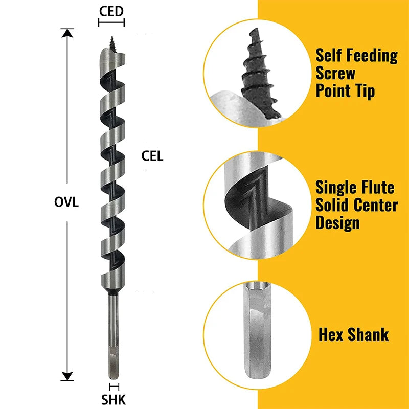 Self-Feeding Auger Drill Bit for Wood – Hex Shank