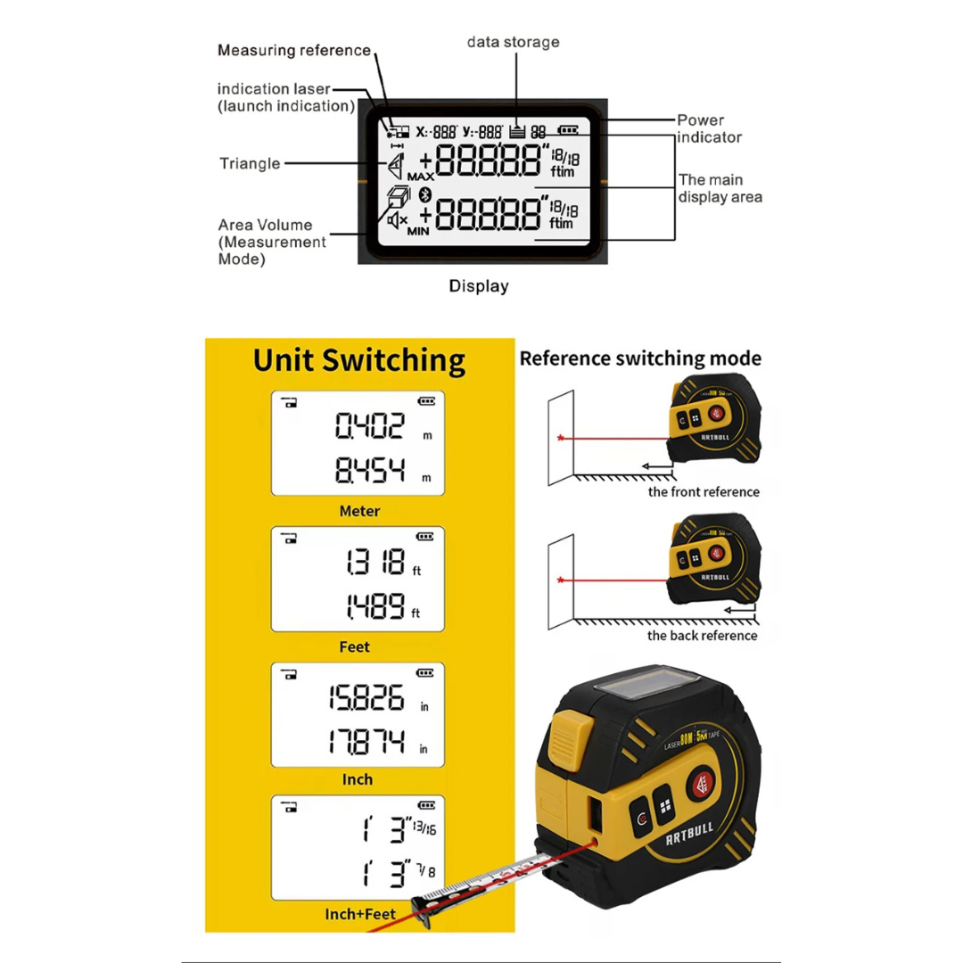 3-in-1 Multifunction Laser Tape — 40 m Laser + 5 m Tape, USB-Rechargeable
