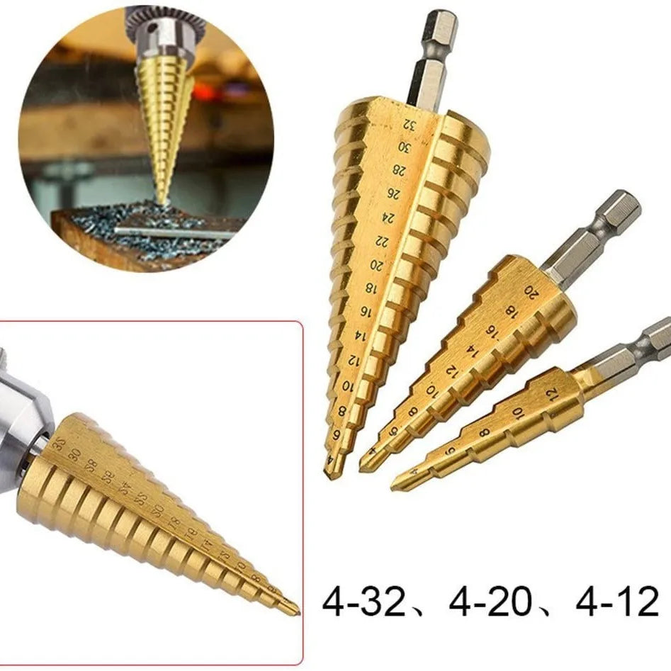 3-Piece HSS Titanium-Coated Step Drill Bit Set – 4mm to 32mm