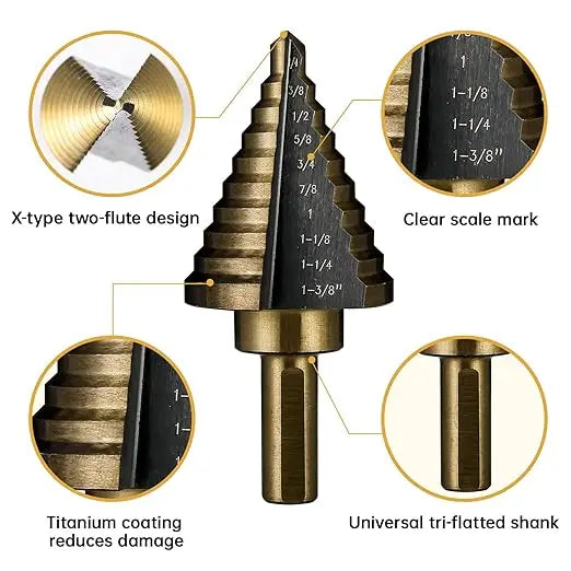 PEXMIENTAS 5PCS HSS 4241 Cobalt Step Drill Bit Set – Two-Flute, High-Speed Metal Drilling Kit