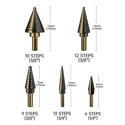 PEXMIENTAS 5PCS HSS 4241 Cobalt Step Drill Bit Set – Two-Flute, High-Speed Metal Drilling Kit