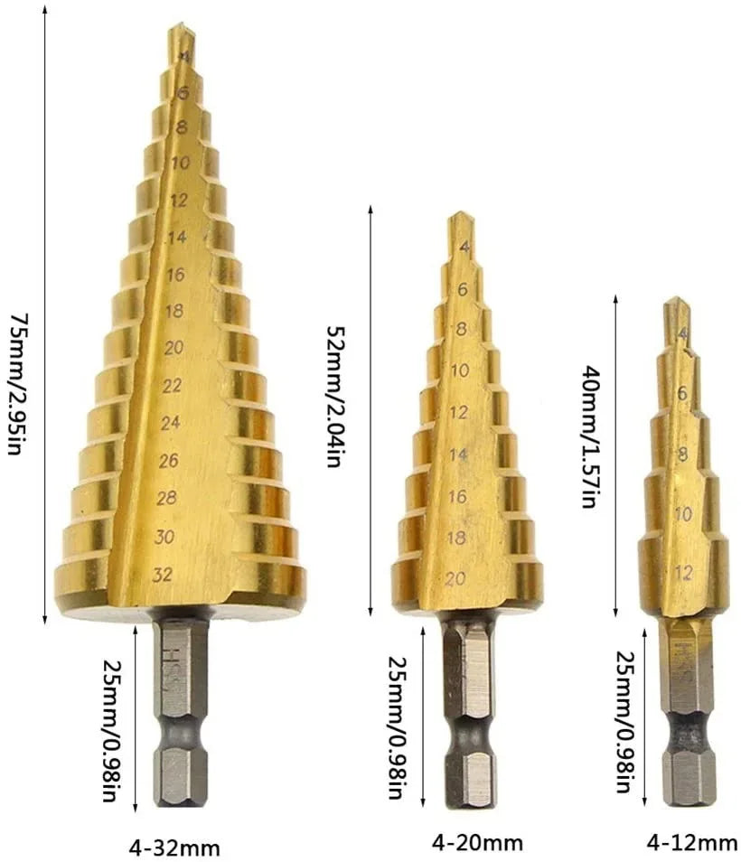 3-Piece HSS Titanium-Coated Step Drill Bit Set – 4mm to 32mm