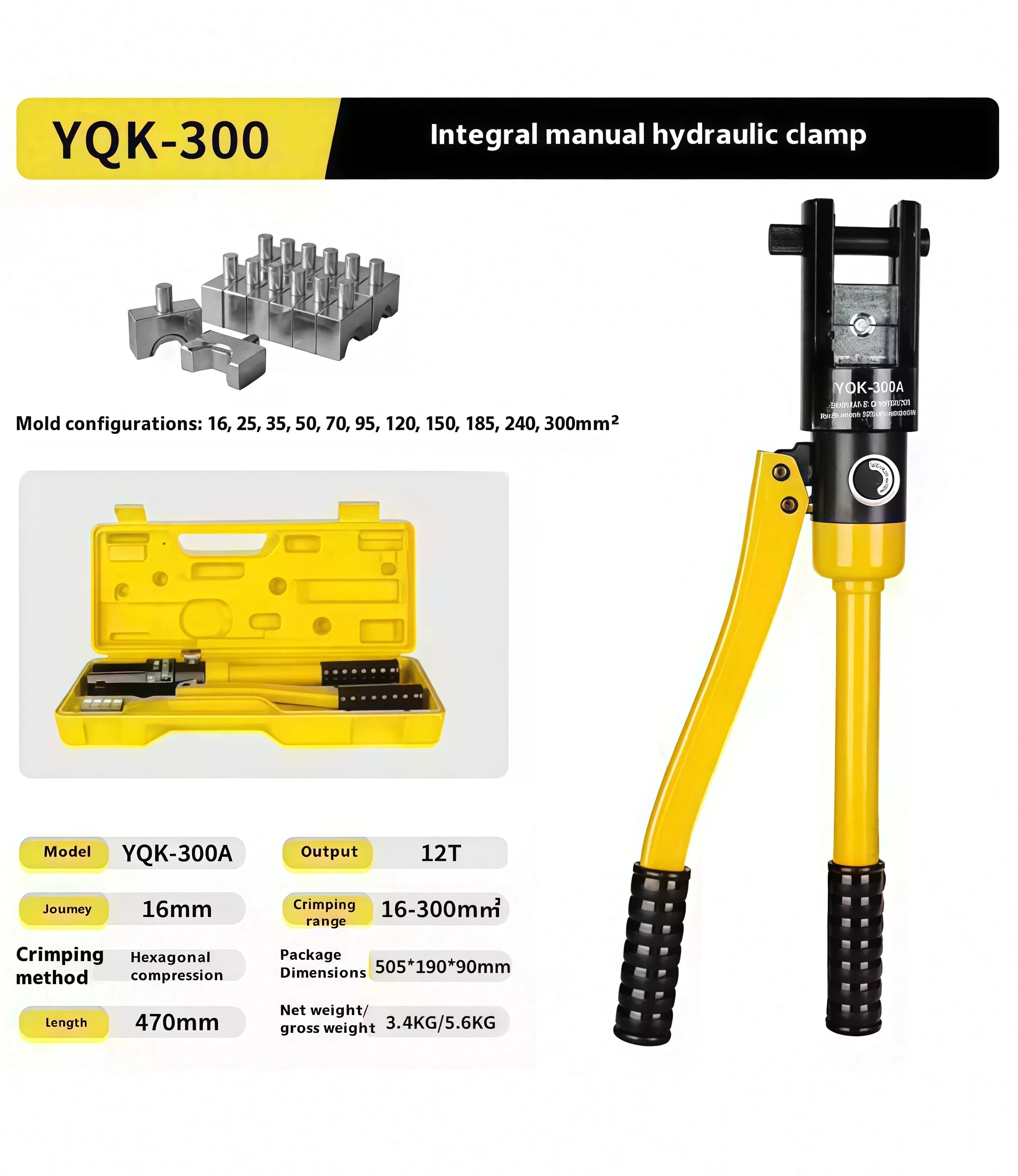 Manual Hydraulic Crimping Tool – YQK-300 (8 Ton, 16–300mm²)