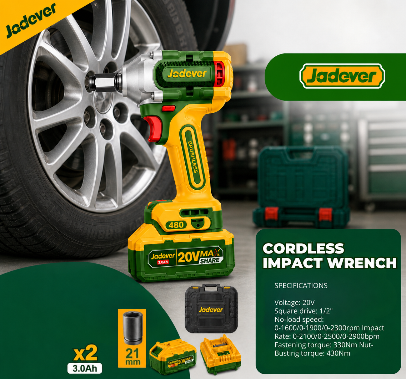 Jadever 20V Cordless Brushless Impact Wrench – 430Nm