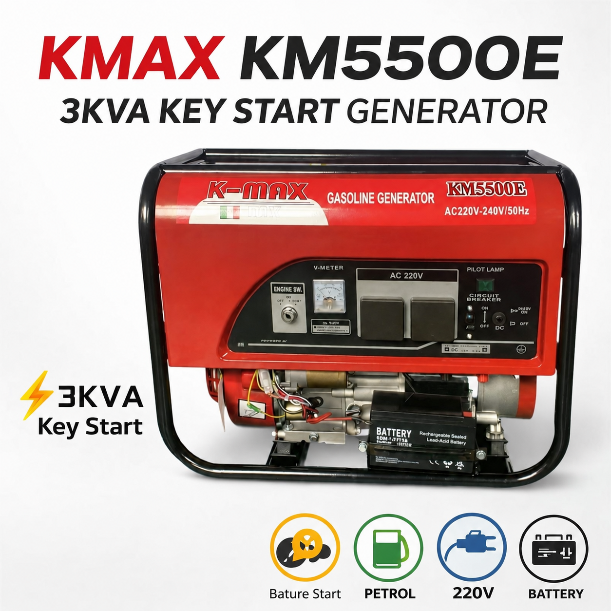 K-Max KM5500E 3kVA Key-Start Petrol Generator