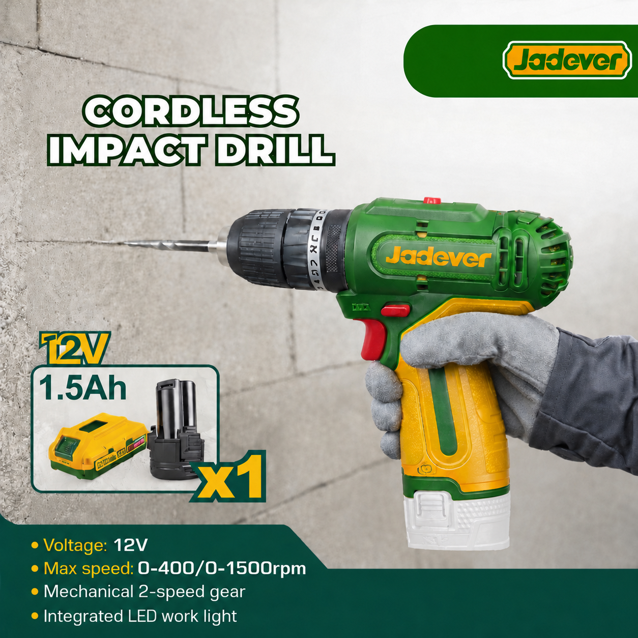 Jadever 12V Cordless Impact Drill