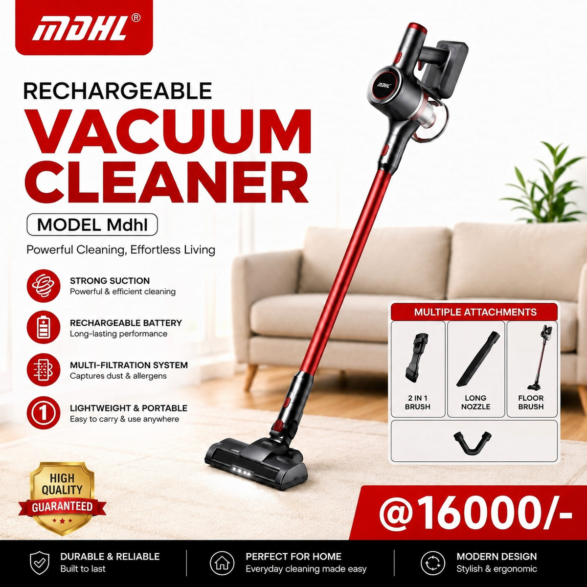 MDHL Rechargeable Cordless Vacuum Cleaner – Lightweight Stick & Handheld Vacuum