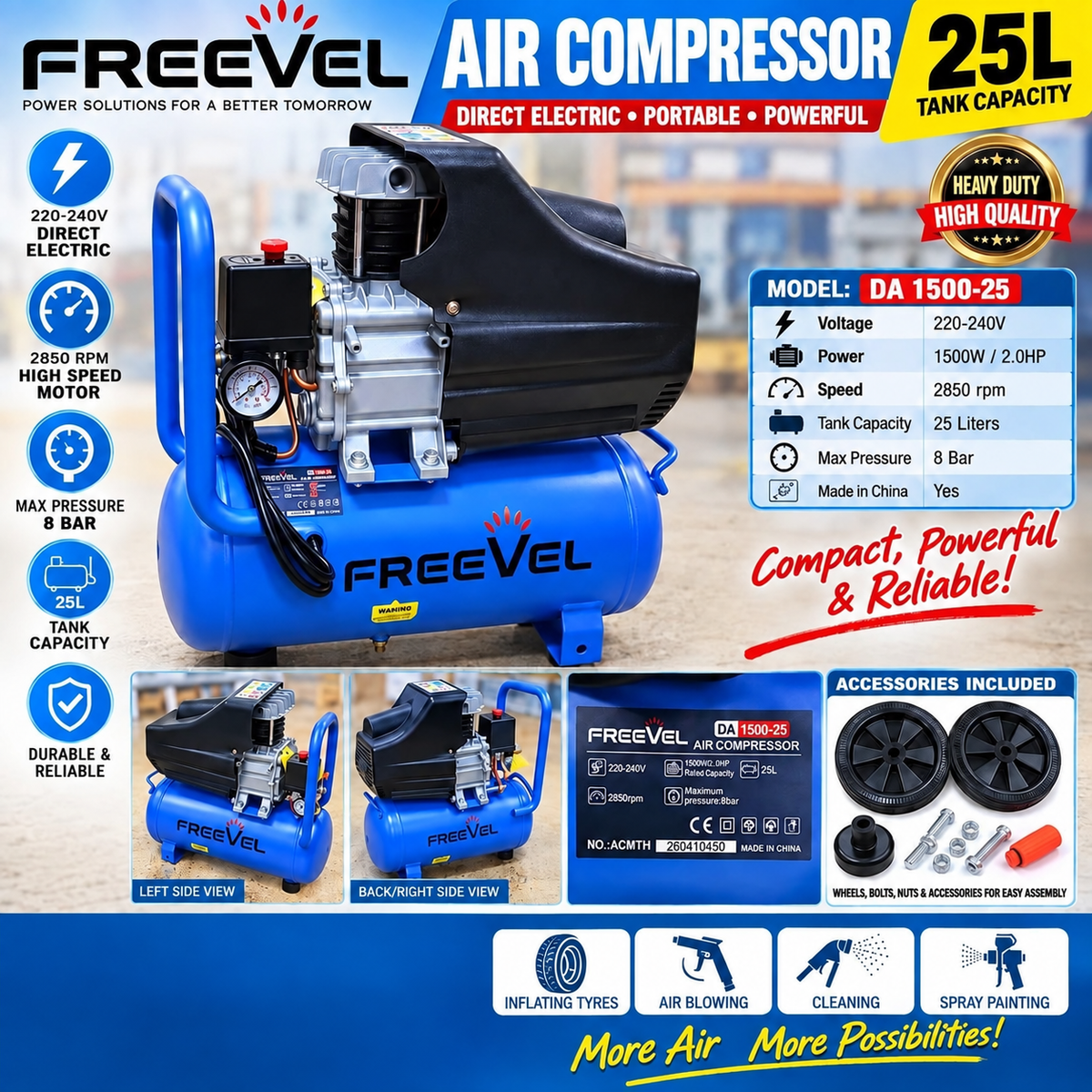 Freevel 25L 2HP Air Compressor – 1500W
