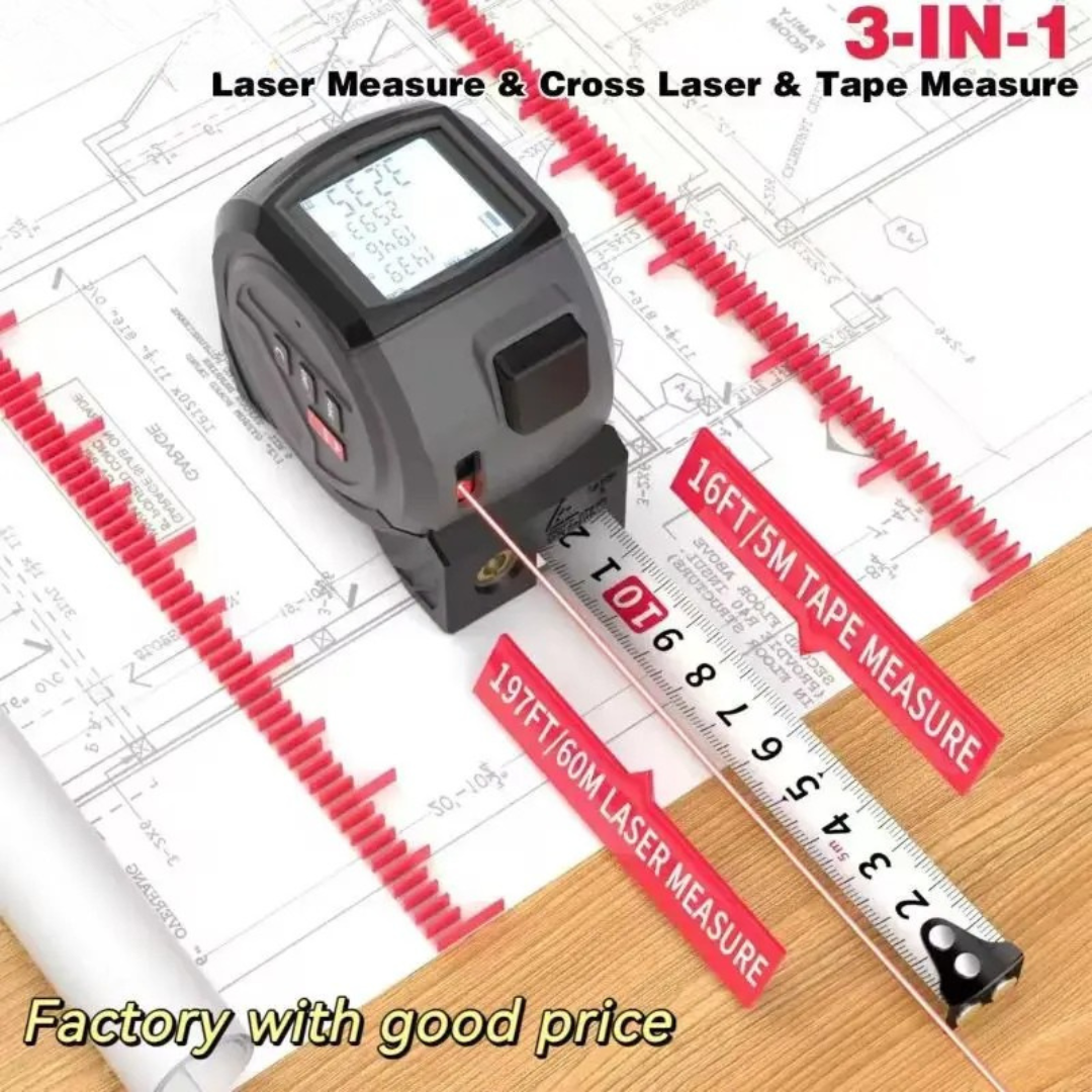 📏 40M Digital 3-in-1 Laser Tape Measure – Big Screen, Laser Level & Distance Meter