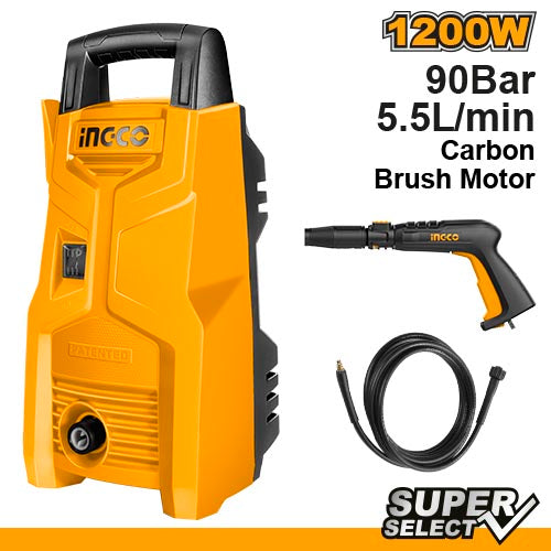 INGCO 1200W High-Pressure Washer — 90 Bar • 5.5 L/min • Compact Electric