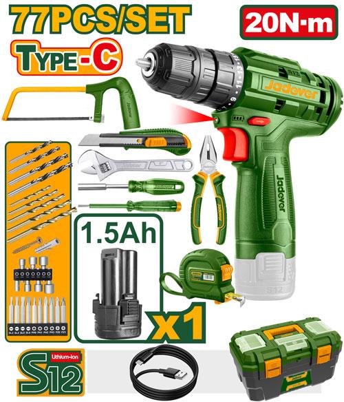 JADEVER 77PCS Cordless Drill Tool Set (12V)