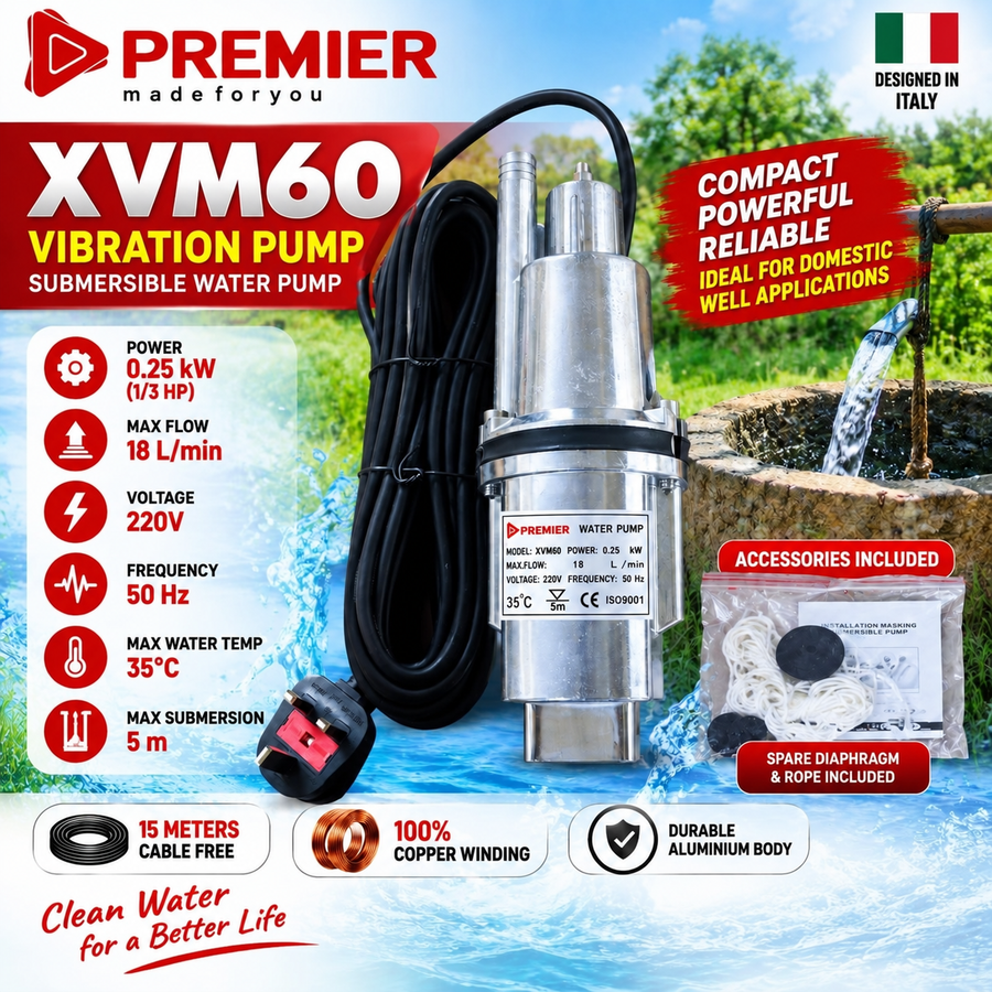 Premier XVM60 0.25kW Submersible Vibration Pump – 18L/min