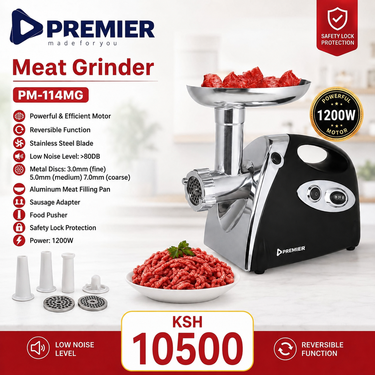 Premier PM-114MG 1200W Electric Meat Grinder & Sausage Maker