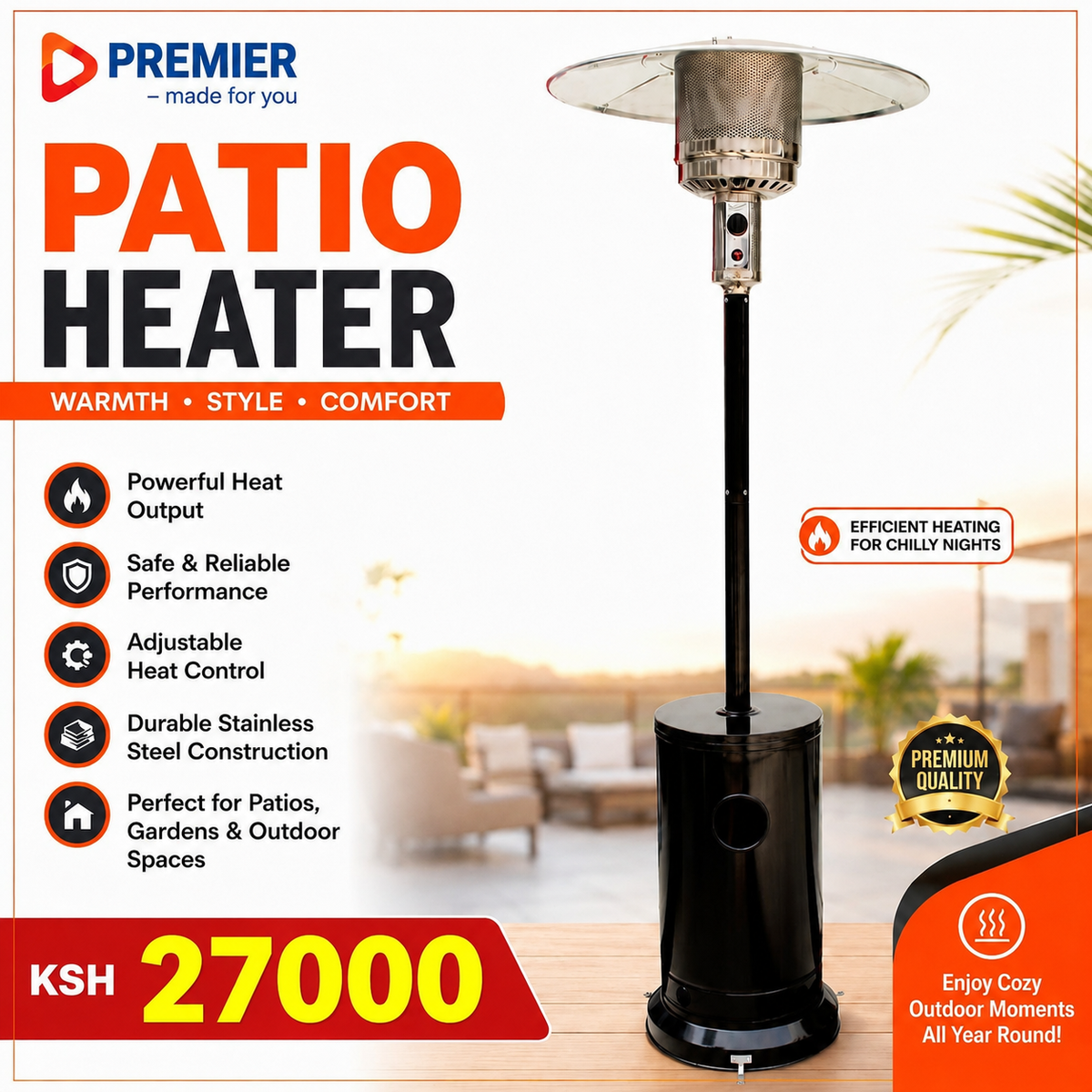 Premier Outdoor Patio Heater – Freestanding Gas Heater