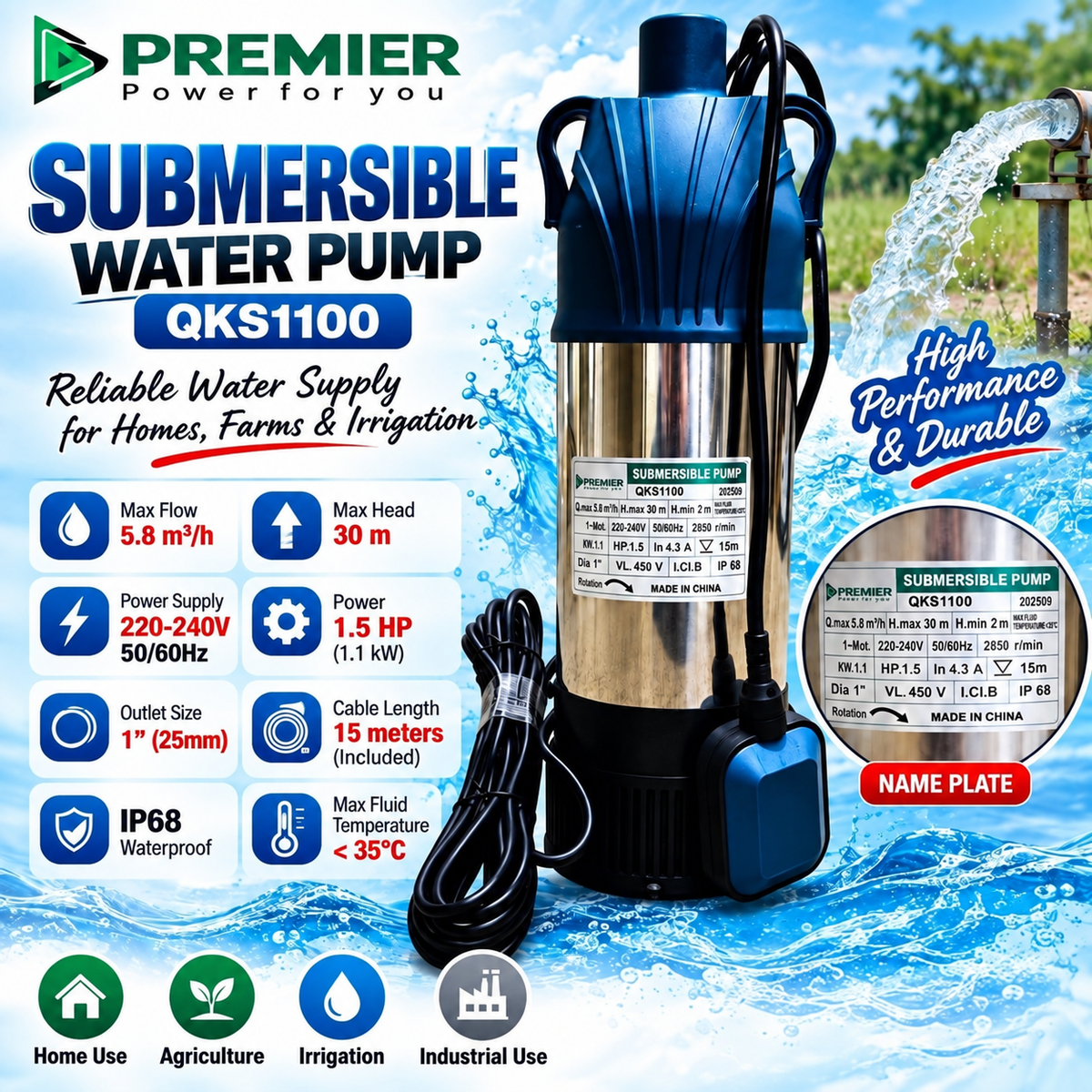 Premier QKS1100 1.5HP Submersible Water Pump – 32m Head