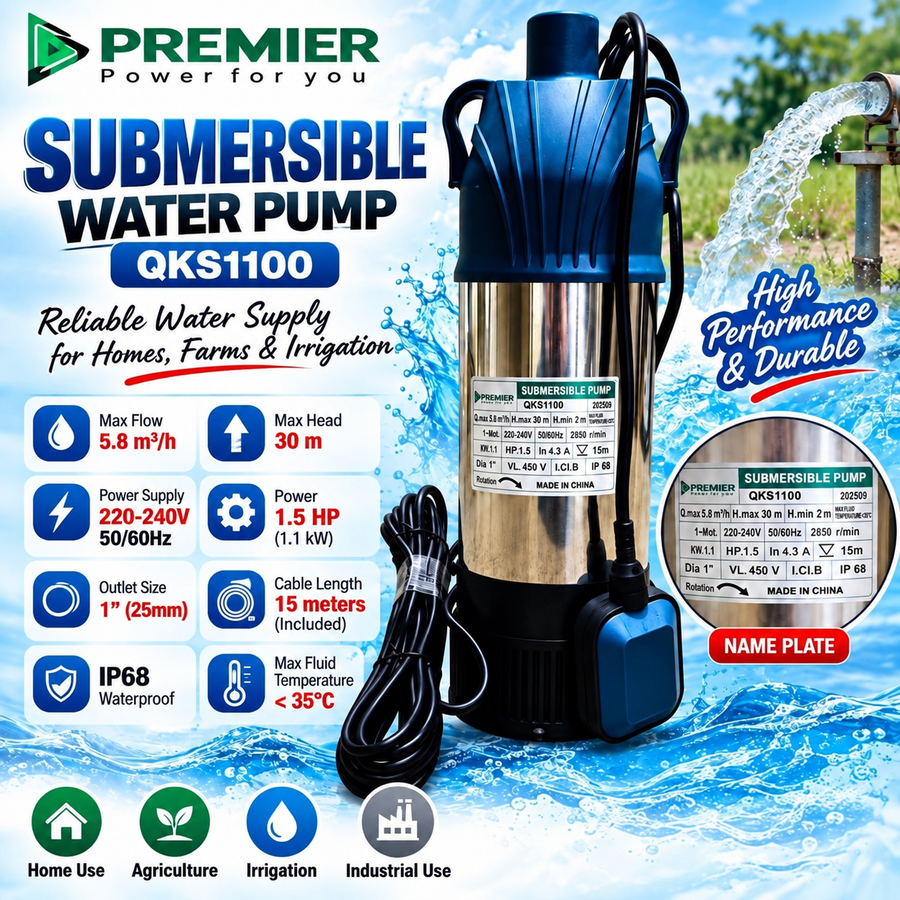 Premier QKS1100 1.5HP Submersible Water Pump – 32m Head