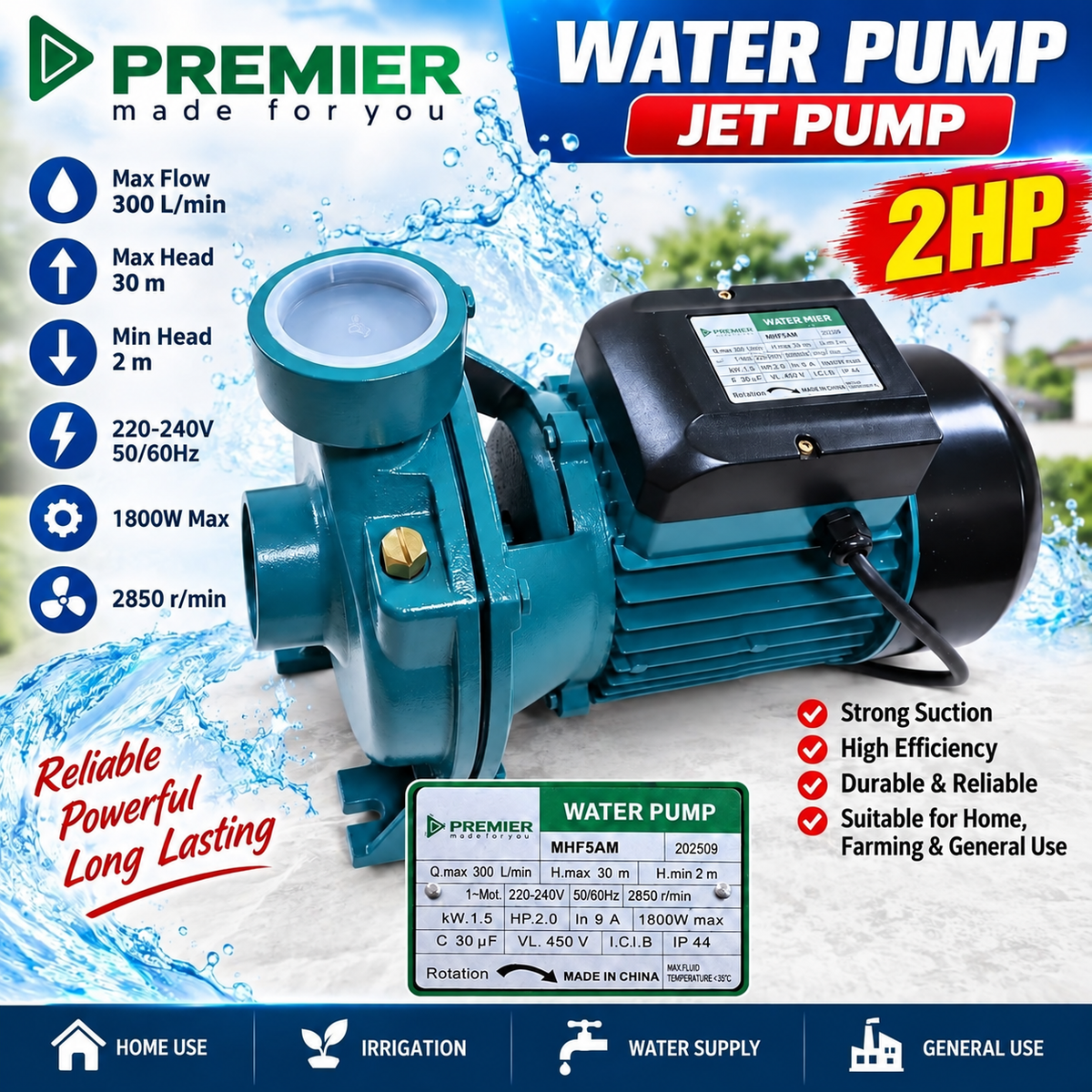 Premier 2HP 2" Jet Water Pump – 30m Head