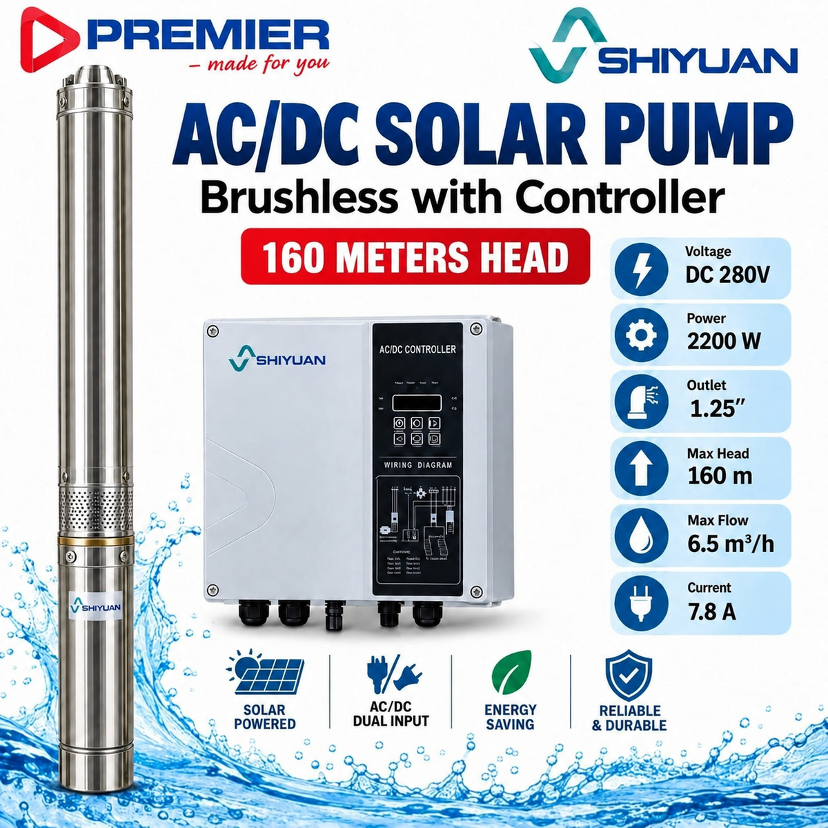 Shiyuan AC/DC Brushless Solar Pump with Controller – 160m Head