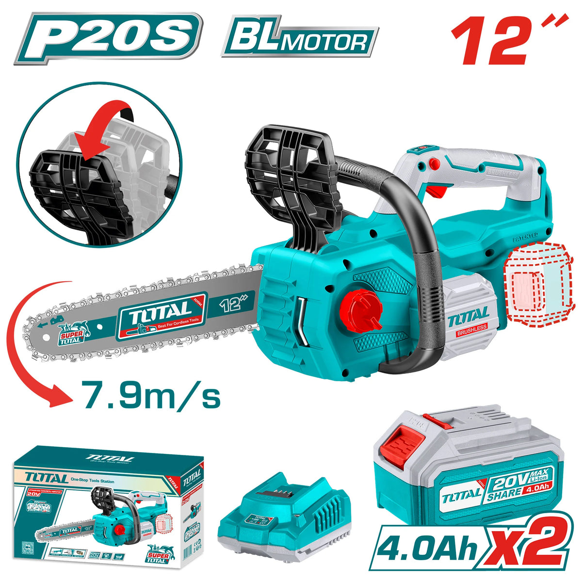 TOTAL TGSLI201286 20V Brushless Cordless Chainsaw 12" – 2×4.0Ah Batteries + Charger