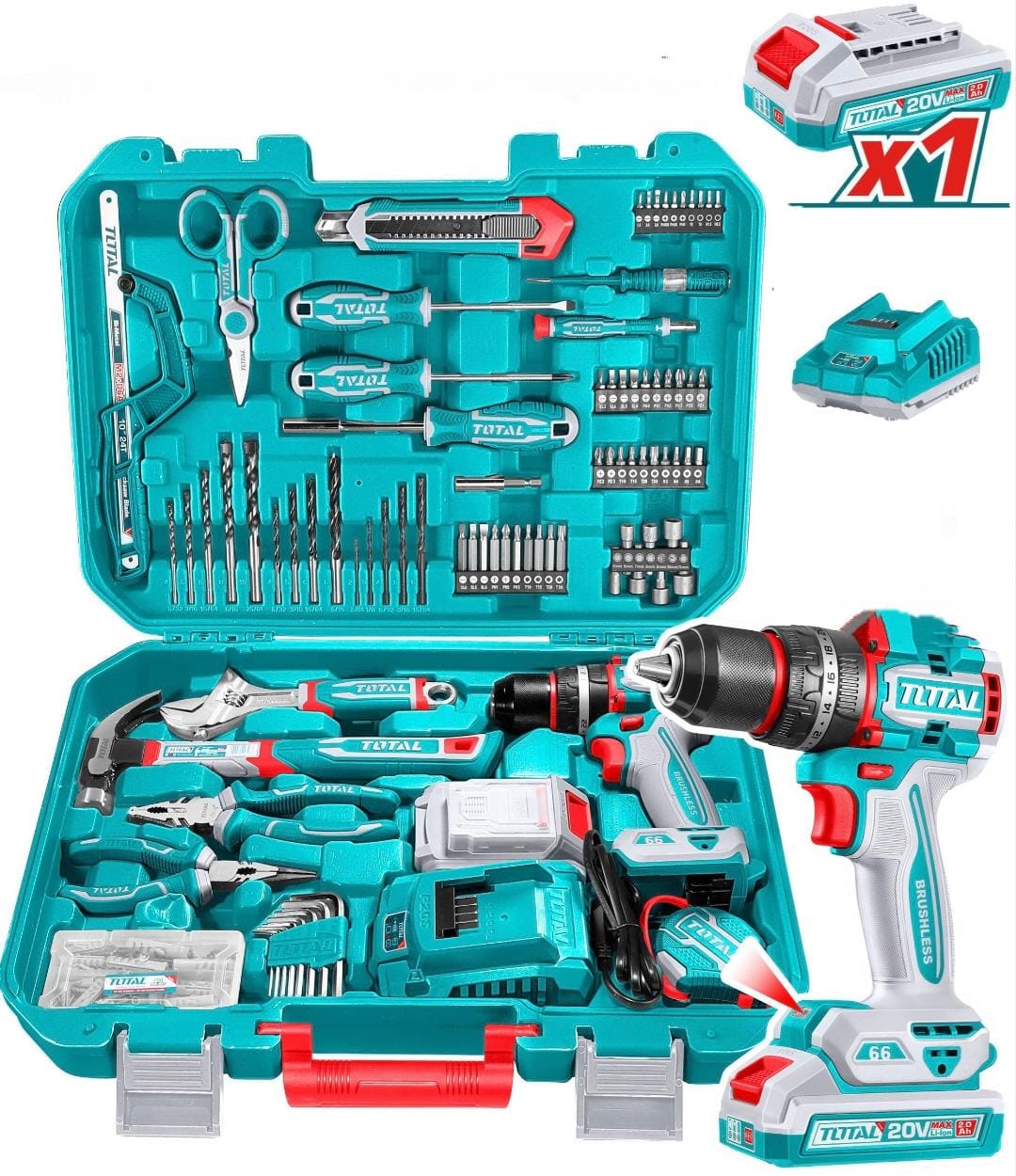 TOTAL 20V P20S Cordless Drill Set – 165PCS Complete Kit