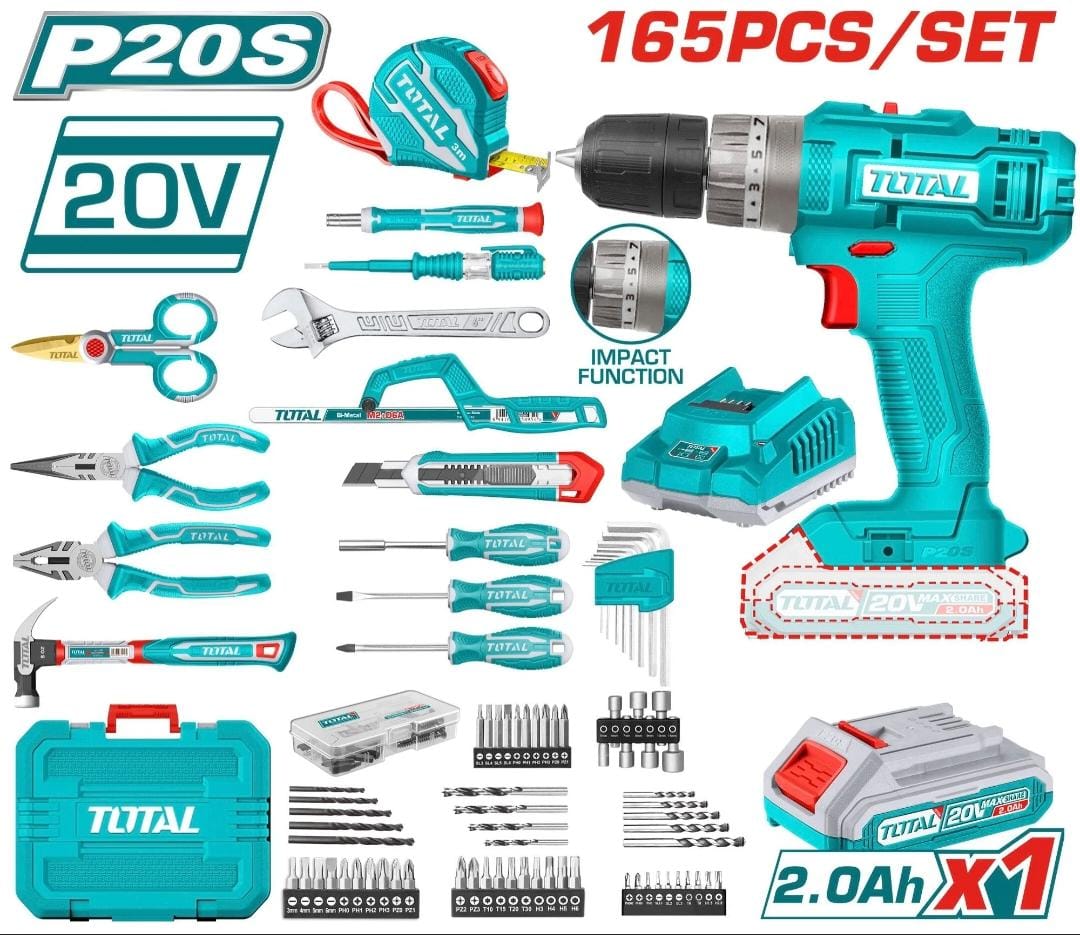 TOTAL 20V P20S Cordless Drill Set – 165PCS Complete Kit