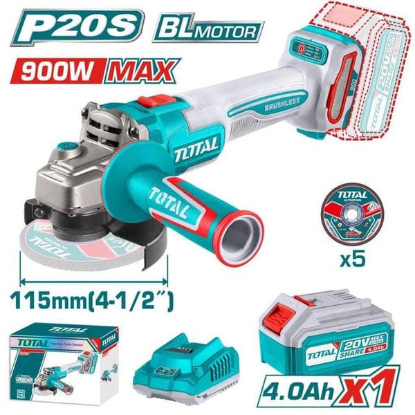 Total 20V Cordless Brushless Angle Grinder (P20S)