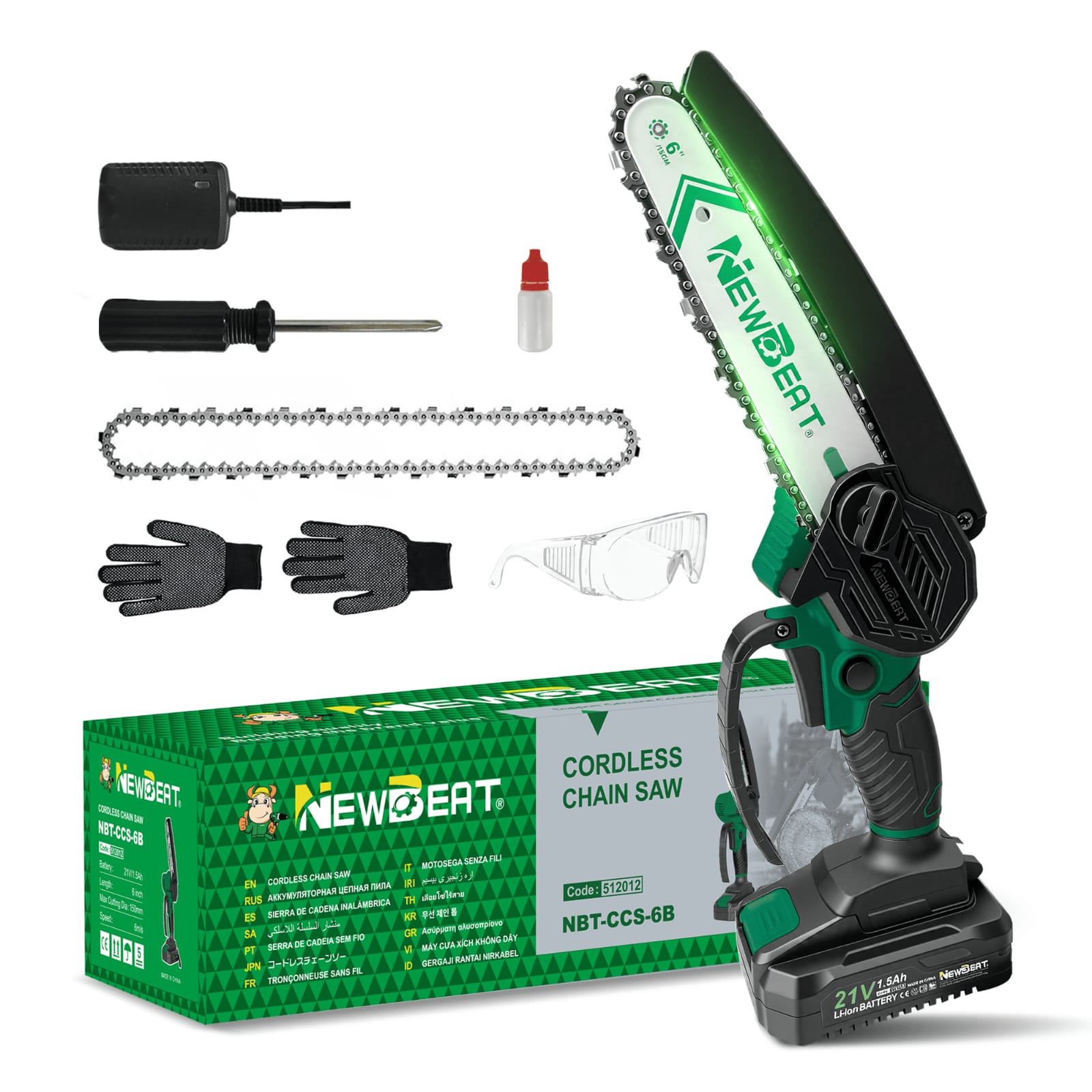 Newbeat 6” Cordless Chainsaw – 21V Power (2 Batteries Included)