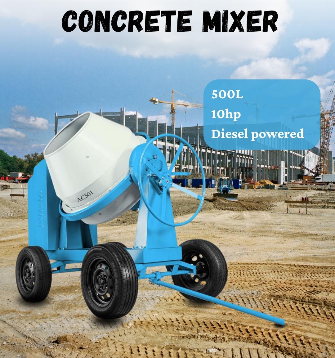Aico 500L Concrete Mixer – 10HP Diesel Powered