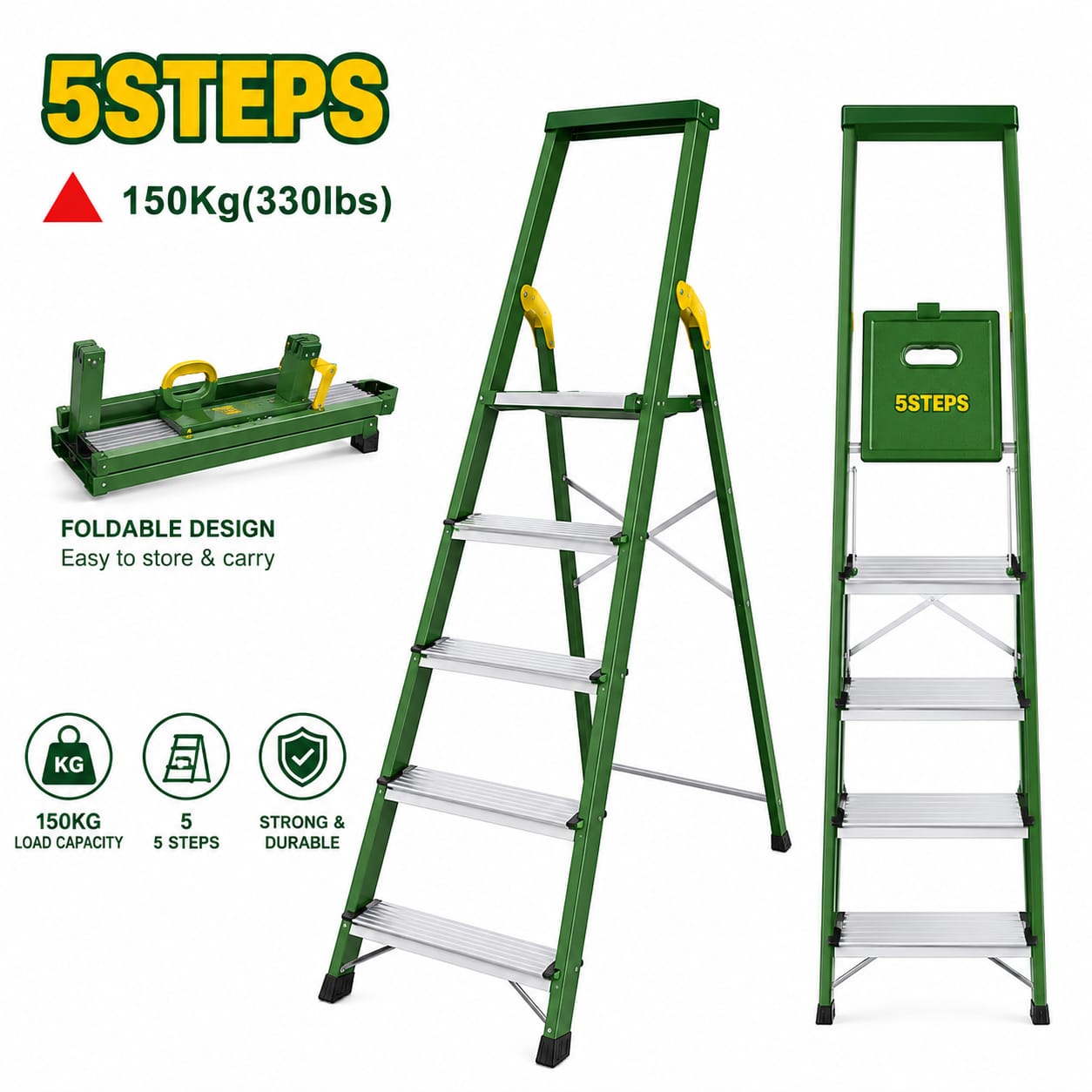 5-Step Steel & Aluminium Folding Ladder – 150kg Capacity
