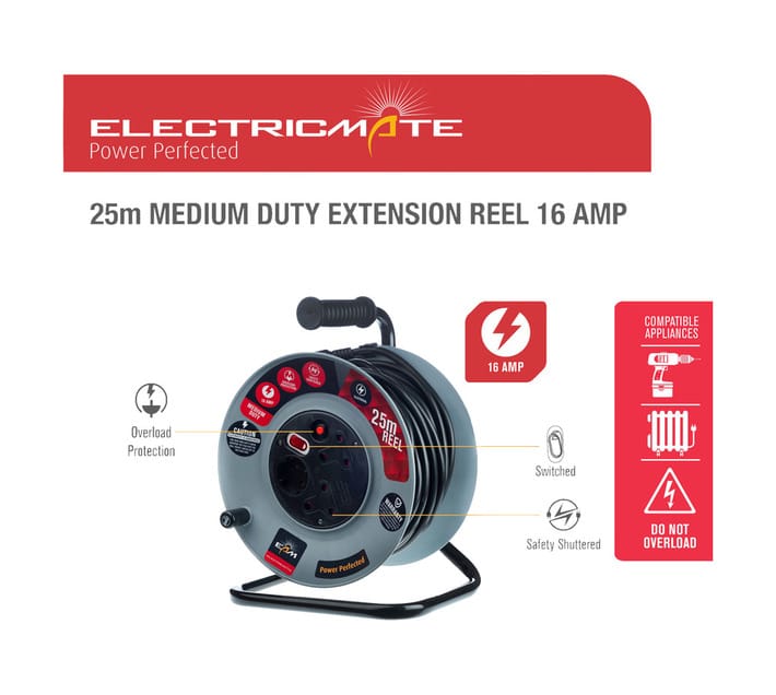 Electricmate 25-Metre Medium-Duty Extension Cable Reel – 16A