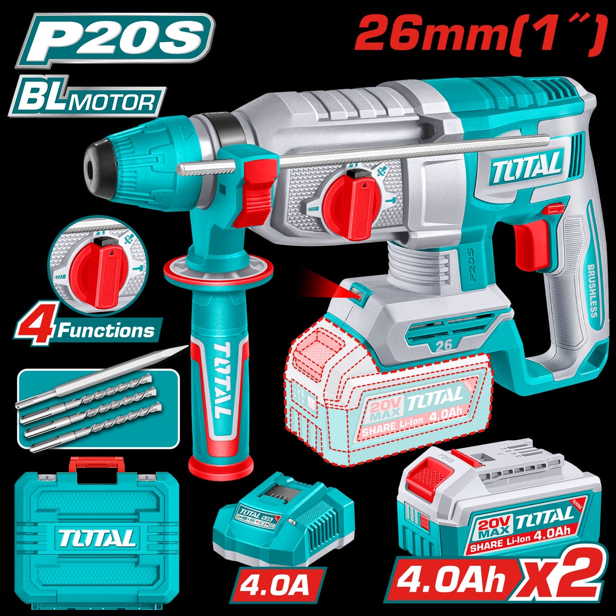 TOTAL P20S 20V Brushless Cordless Rotary Hammer TRHLI262084 – 26mm Complete Kit