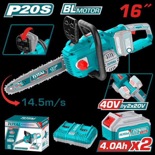 TOTAL TGSLI401682 40V Brushless Cordless Chainsaw 16" – 2×4.0Ah Batteries + Dual Charger