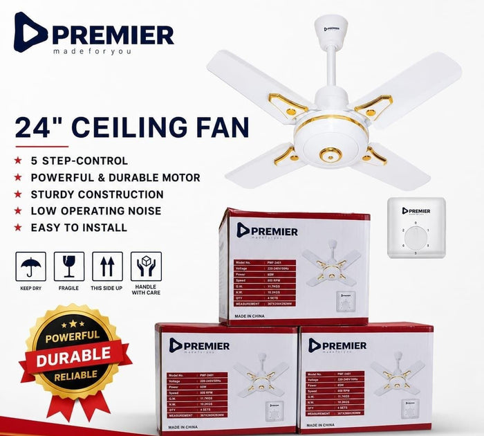 Premier 24-Inch Ceiling Fan – 65W, 5-Speed Control
