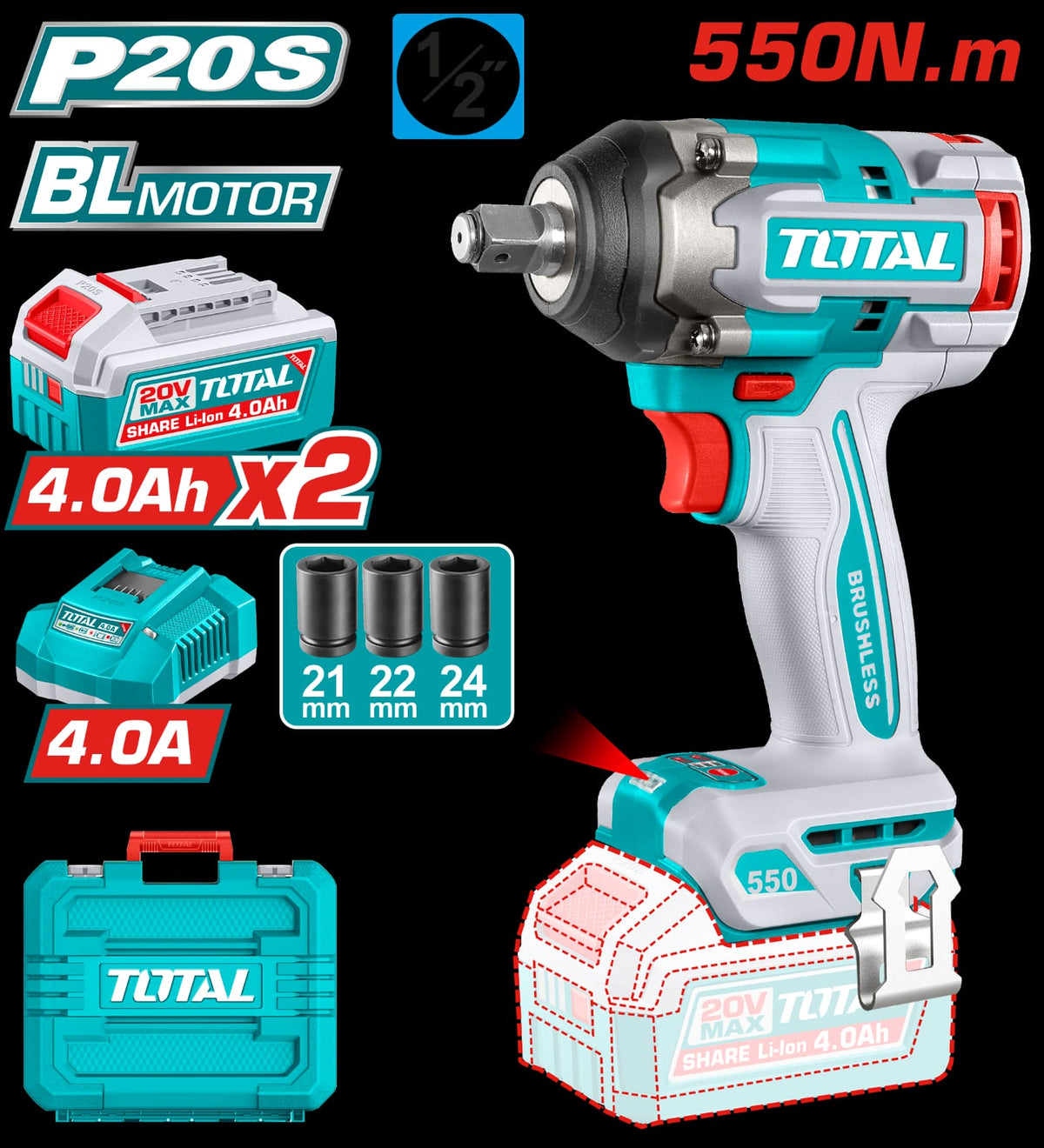 Total Tools TIWLI2055 20V Brushless Cordless Impact Wrench – 550Nm