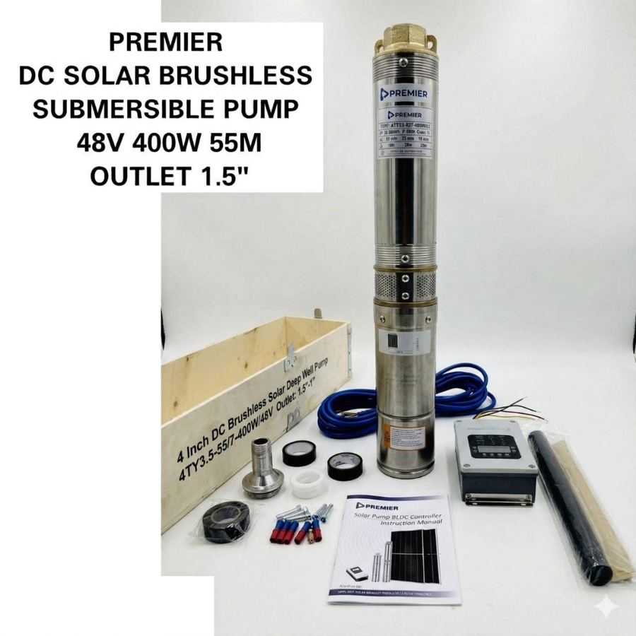 Premier 48V 400W DC Solar Brushless Submersible Pump – 55m Head