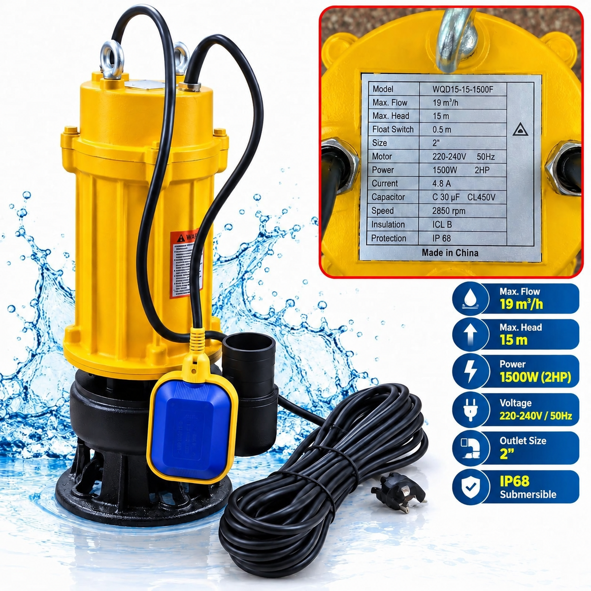 2HP Sewage Submersible Pump – 15m Head, 19m³/h