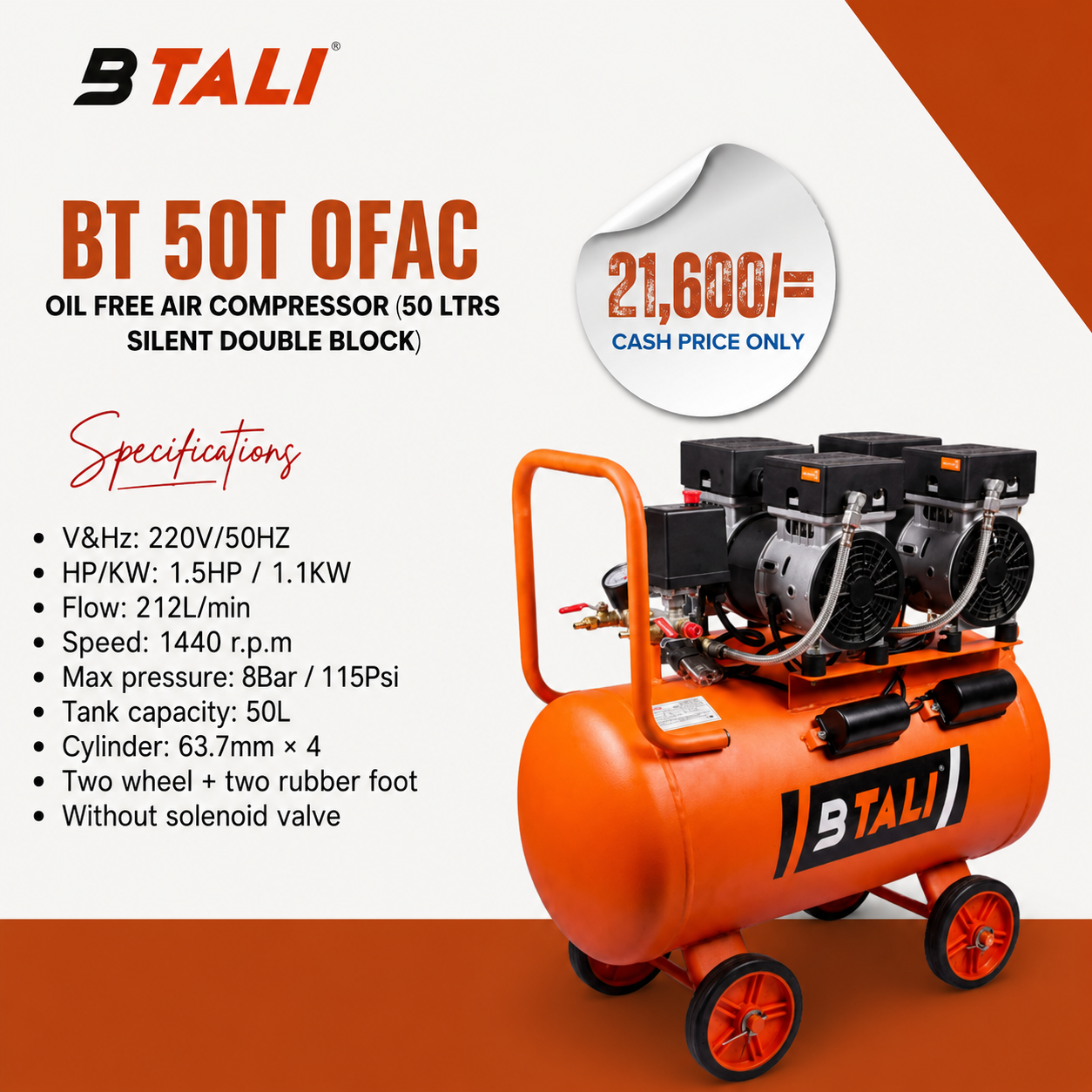 BTALI BT 50T OFAC Oil-Free Air Compressor (50L Silent Double Block)