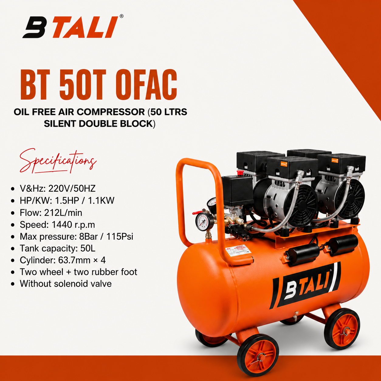 BTALI BT 50T OFAC Oil-Free Air Compressor (50L Silent Double Block)