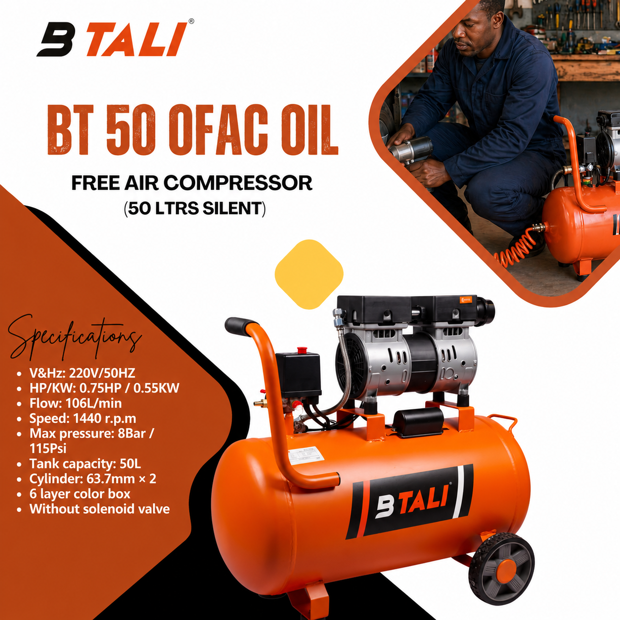 BTALI BT 50 OFAC Oil-Free Air Compressor (50L Silent)