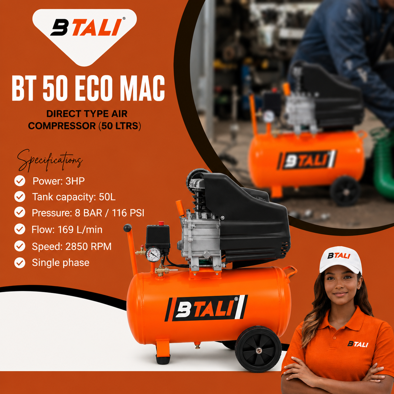 BTALI BT 50 ECO MAC Direct Type Air Compressor (50L)