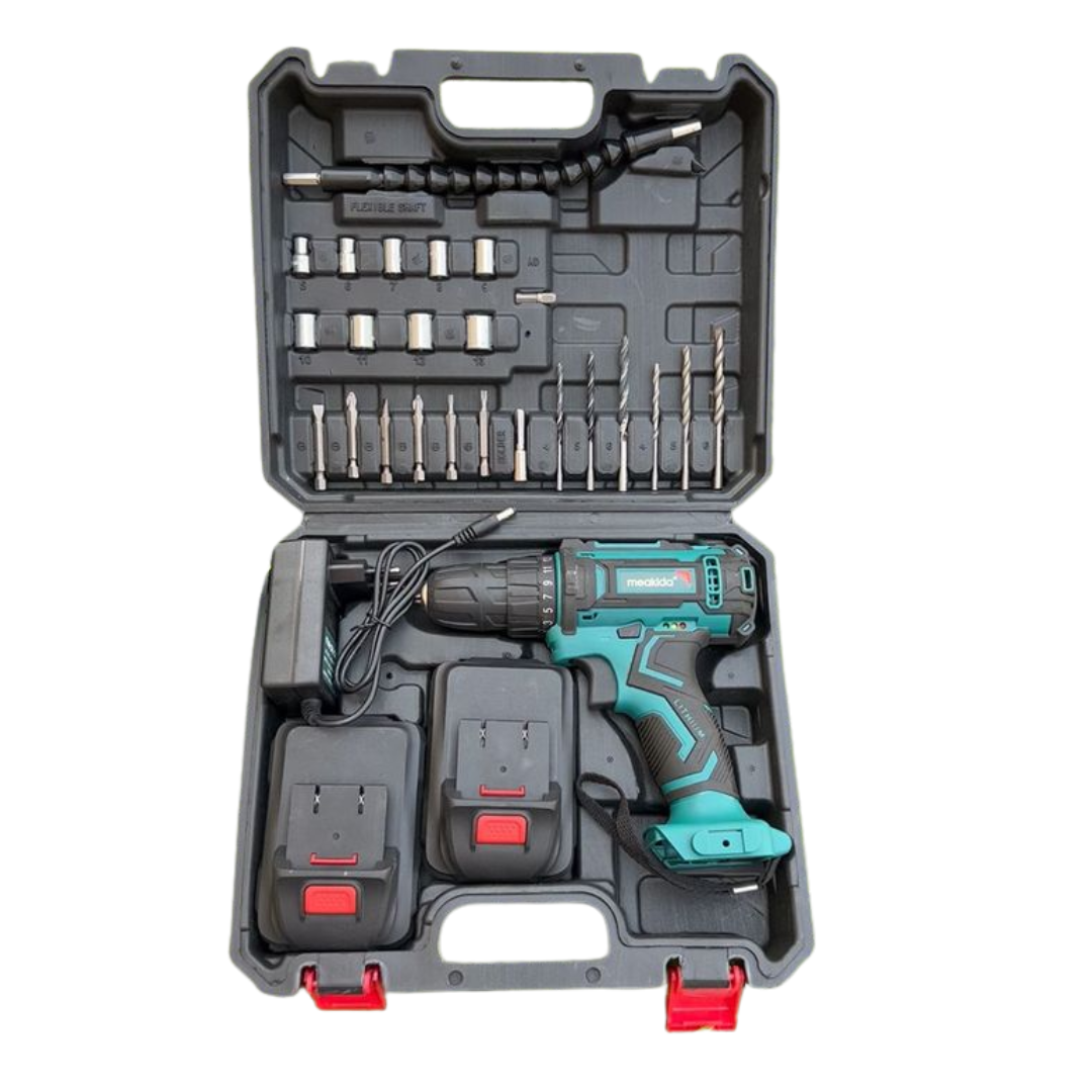 Meakida 18V Cordless Drill/Driver - With Case, Battery, Charger & Bits