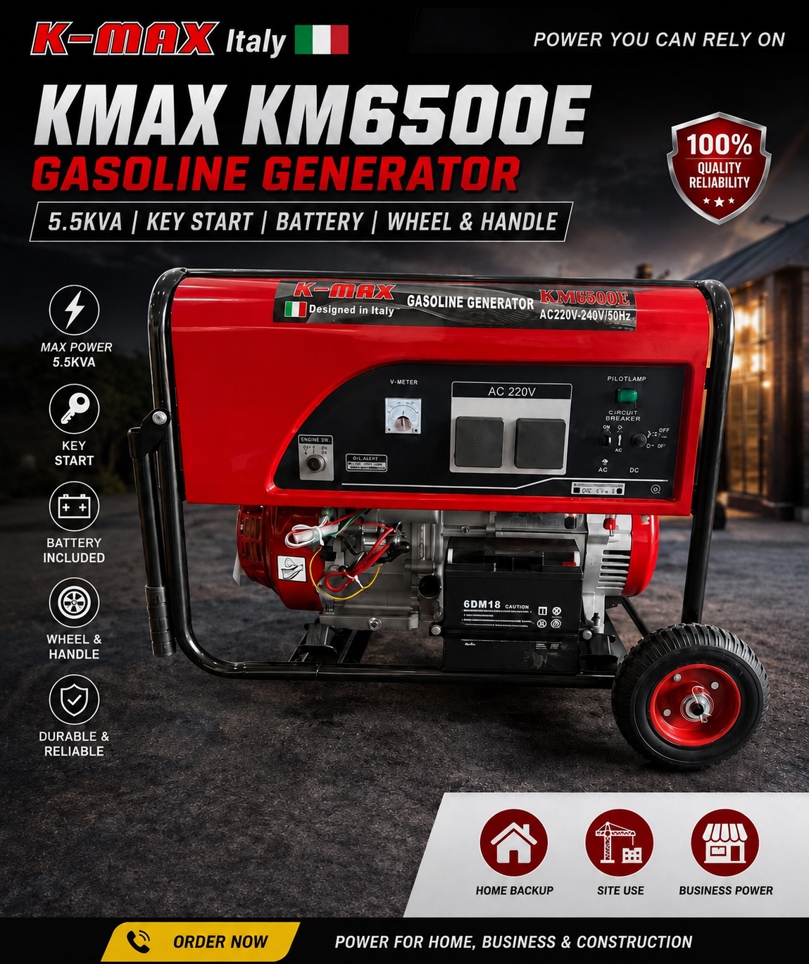 K-Max KM6500E 5.5kVA Key-Start Gasoline Generator
