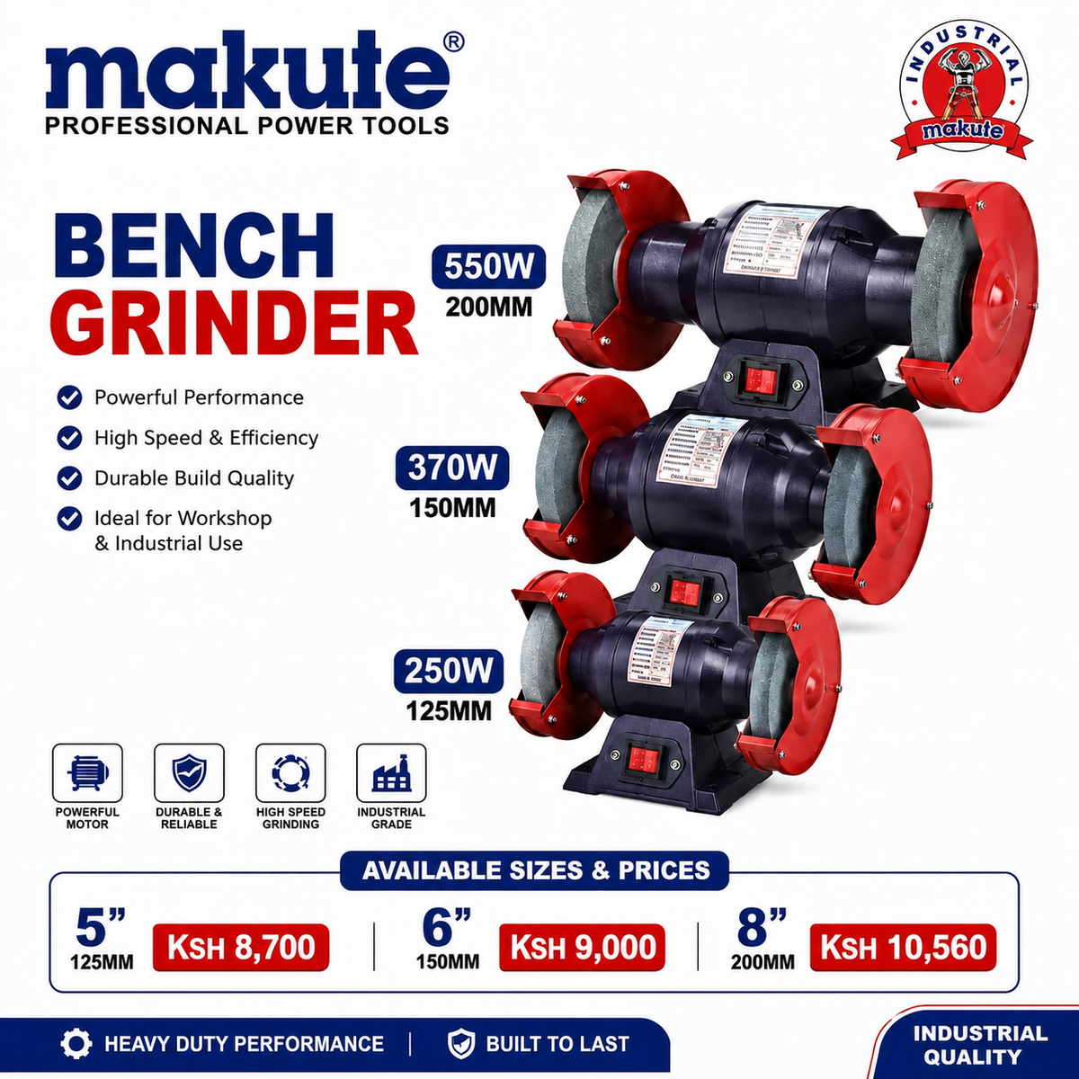 Makute Industrial Bench Grinder – 5", 6" & 8"