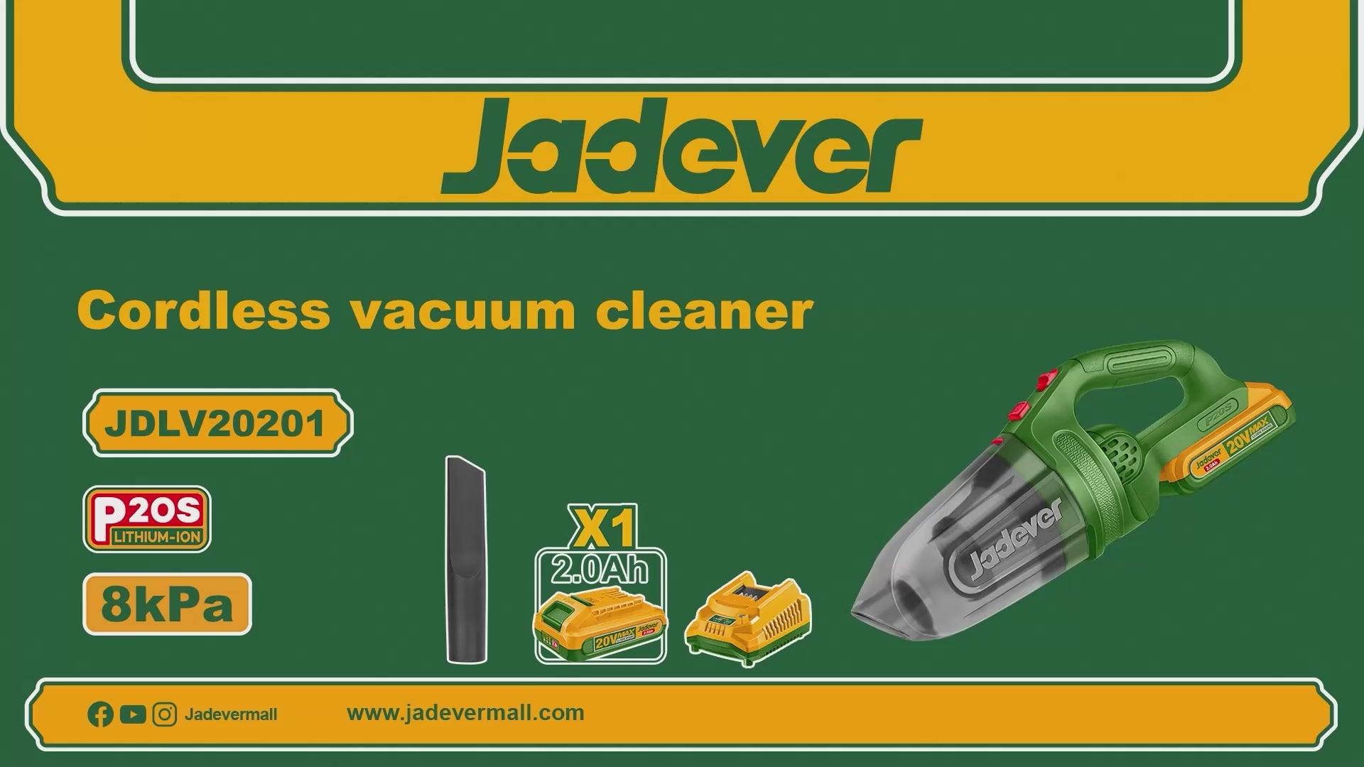 JADEVER Cordless Vacuum Cleaner 20V – Powerful Handheld Dust Cleaner with Battery & Charger (JDLV20201)