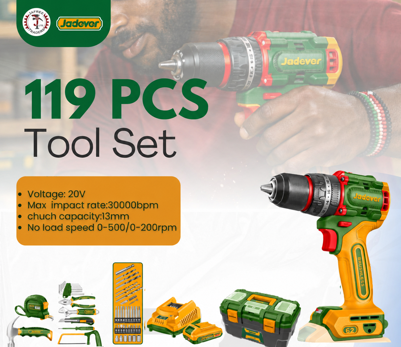 Jadever 119-Piece 20V Cordless Brushless Impact Drill Tool Set