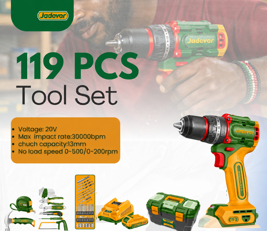 Jadever 119-Piece 20V Cordless Brushless Impact Drill Tool Set